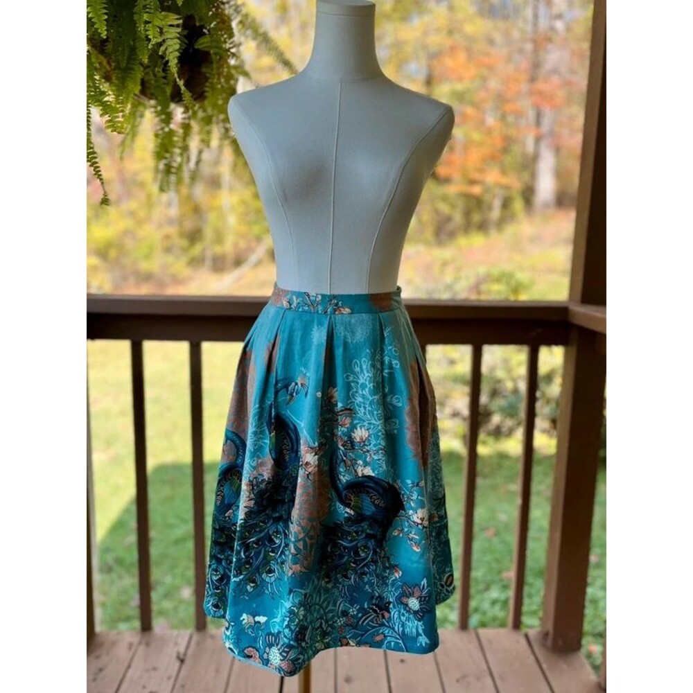 Joe Browns Peacock Mandala Floral Pleated A-Line Skirt Teal Blue